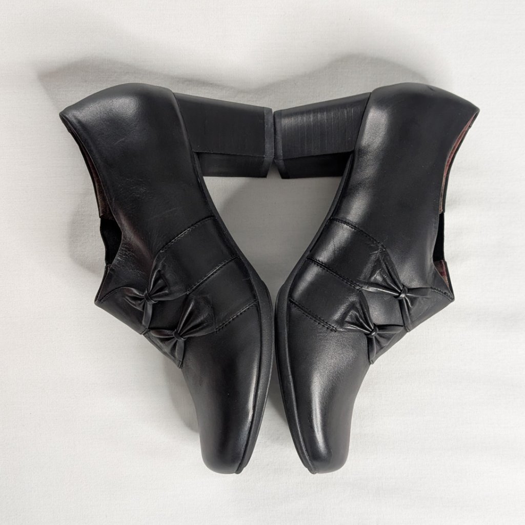 Abeo Black Leather Slip On Bow Detail Block Heel Booties Built In Orthotics New — image 4 of 8